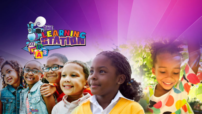 Smiling children posing below Learning Station logo